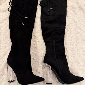 Elegant Black Knee-High Boots with Clear Heels